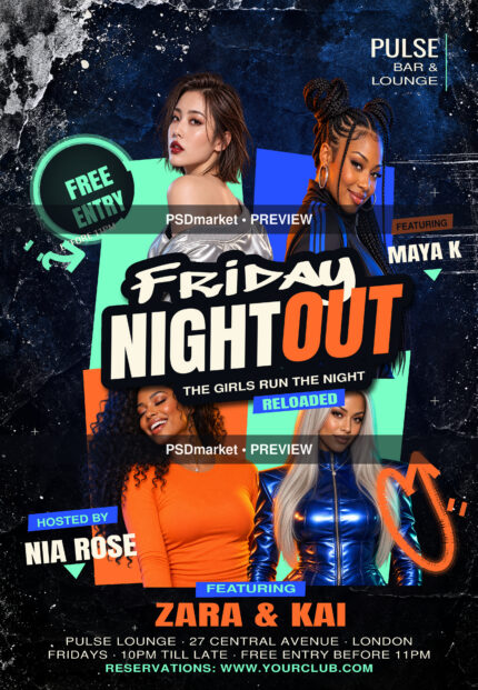 Friday Night Out club party flyer with four portraits, cream and orange lettering, mint and blue panels on a distressed navy background; watermarked preview.
