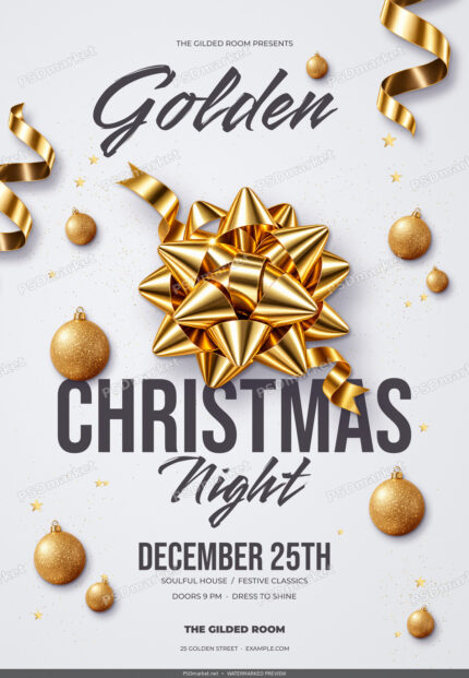 Golden Christmas Night flyer with a glossy gold gift bow, flowing ribbons, gold bauble clusters and charcoal lettering on pearl paper