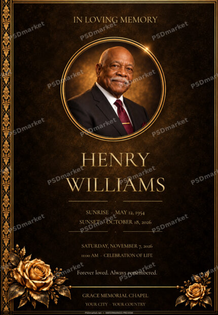 Golden Rose Memorial — Henry Williams single memorial flyer with editable English typography and protected portrait composition