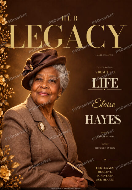 Her Legacy — Eloise Hayes single memorial flyer with editable English typography and protected portrait composition