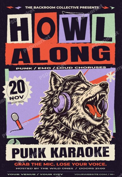 Howl Along Punk Karaoke Wolf Flyer PSD Template with PSDmarket watermark