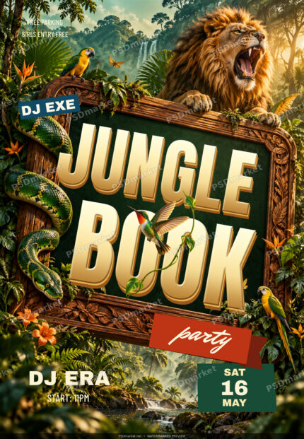 Jungle Book V2 tropical party flyer with layered golden lettering, jungle foliage and a hummingbird, protected PSDmarket preview