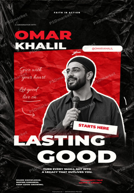 Lasting Good inspirational community talk flyer with red and black paper collage, wide white headline and fictional speaker portrait. Watermarked preview.