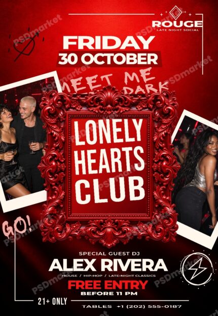 Red club party flyer with an ornate frame and party snapshots and a PSDmarket preview watermark