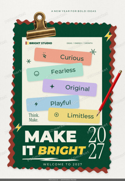 Make It Bright 2027 creative New Year flyer with scalloped green and burgundy cards, pastel labels, a brass clip and a red pencil