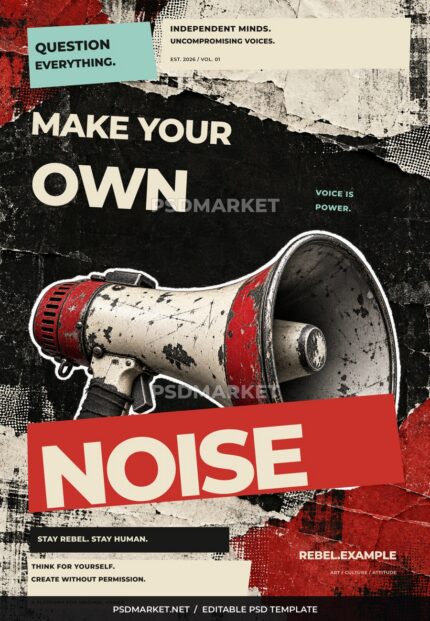 Make Your Own Noise punk flyer Photoshop template with PSDmarket preview watermark