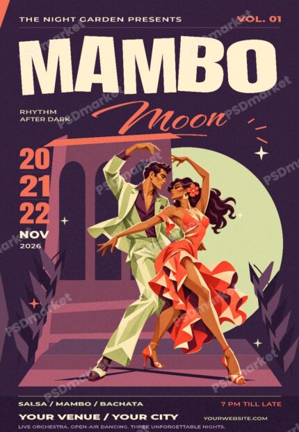 Mambo Moon Latin Dance Festival Flyer PSD Template with PSDmarket watermark