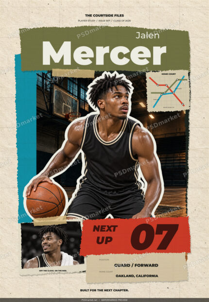 MERCER NEXT UP 07 basketball player collage flyer with torn paper, red ticket accents and PSDmarket watermark