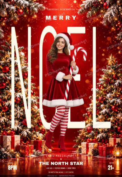 Merry Noel Christmas Eve party flyer with tall ivory typography, Santa hostess and snowy Christmas trees