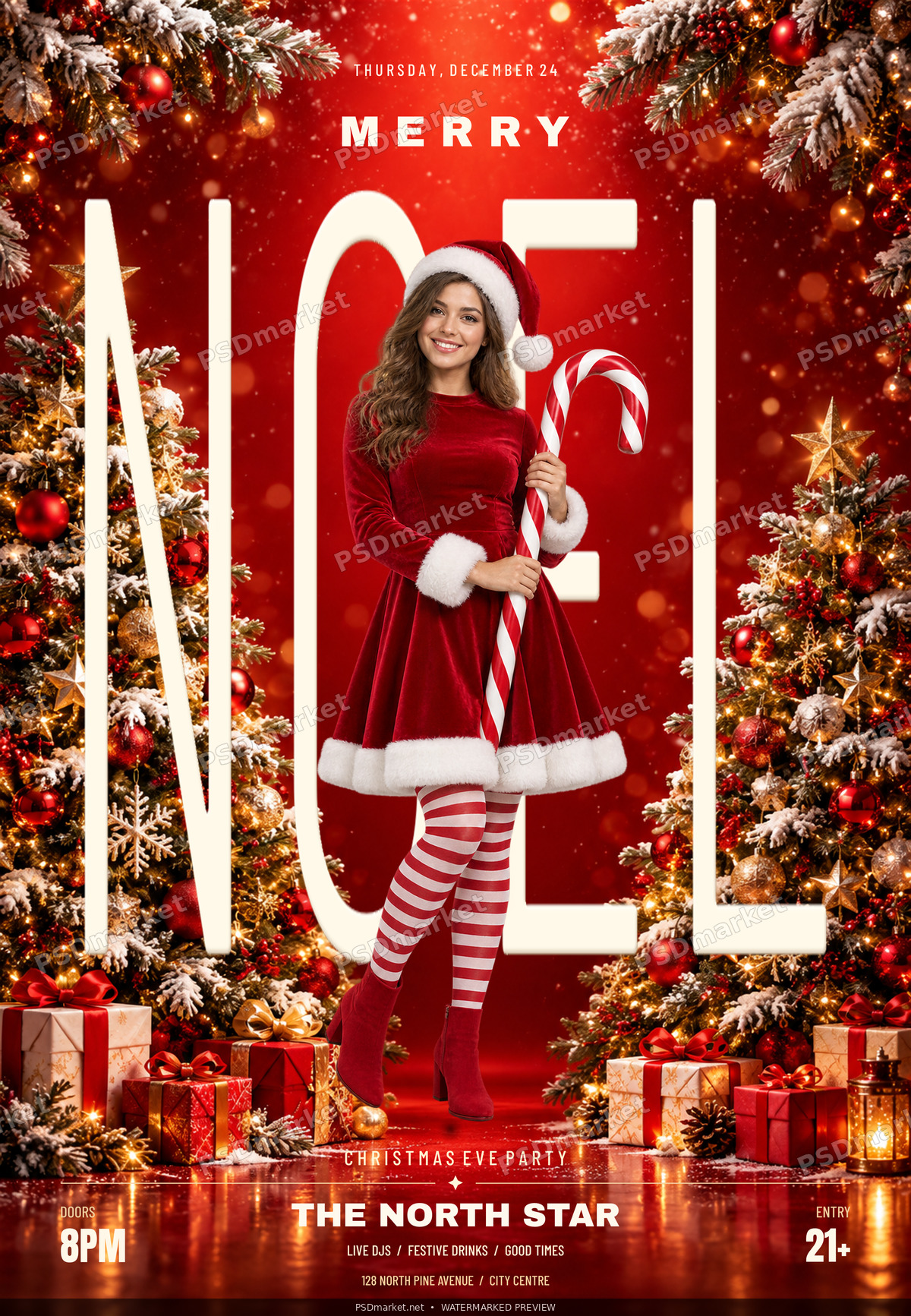 Merry Noel Christmas Eve party flyer with tall ivory typography, Santa hostess and snowy Christmas trees