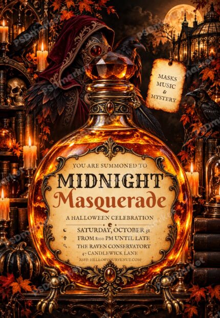 Amber potion bottle, masked raven alchemist and gothic moonlit conservatory in a Midnight Masquerade Halloween invitation, protected PSDmarket preview