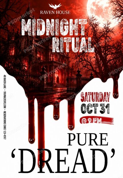 Red haunted manor and full moon Halloween flyer with editable Midnight Ritual typography, protected PSDmarket preview