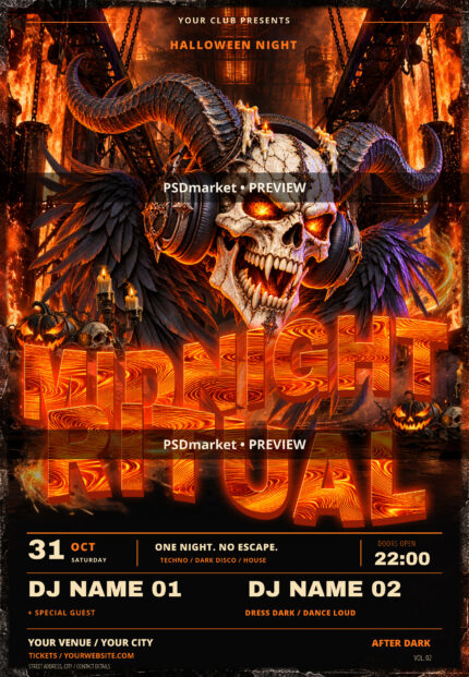 Midnight Ritual Halloween club flyer with a winged horned skull wearing DJ headphones, blazing industrial hall and orange molten lettering