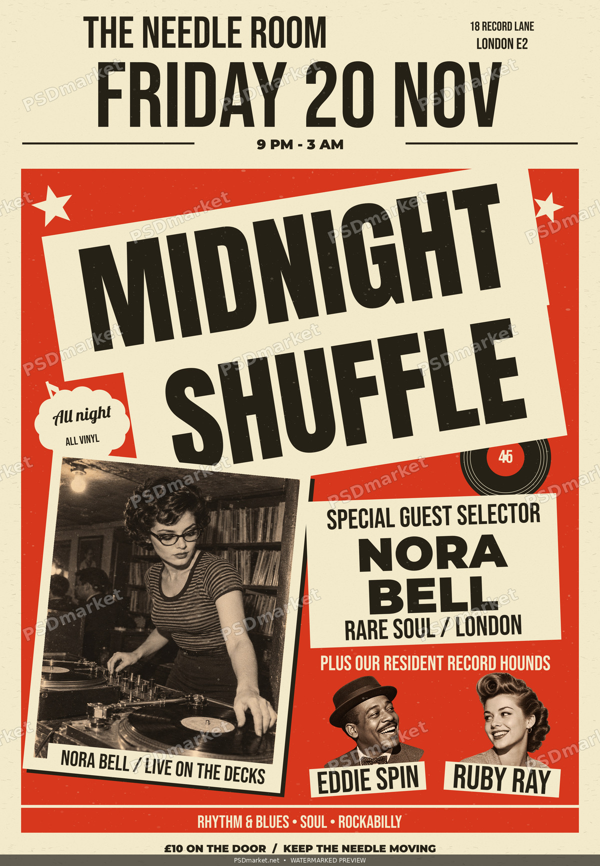 Watermarked Midnight Shuffle vintage rhythm and blues flyer with a fictional female DJ, angled cream headlines and distressed paper