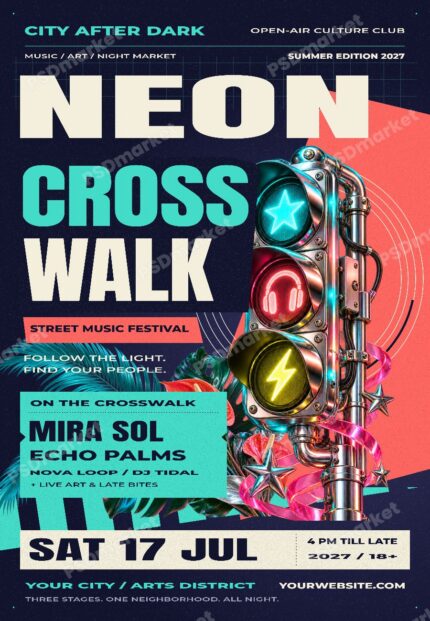 Neon Crosswalk Street Music Festival Flyer PSD Template with protected PSDmarket watermark