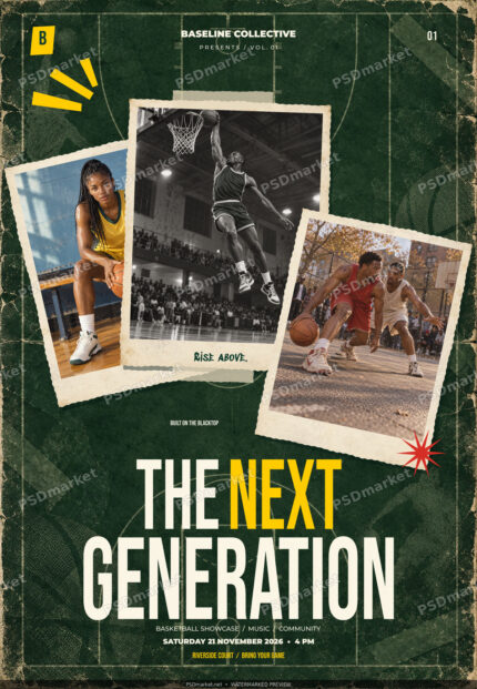 The Next Generation basketball scrapbook flyer with forest green court paper, oversized cream lettering and three torn-paper basketball photographs