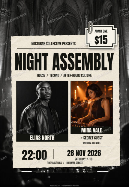 Night Assembly DJ party flyer with bold black condensed type, ivory torn-paper poster, monochrome and amber portraits, Gothic nightclub background and admission ticket.
