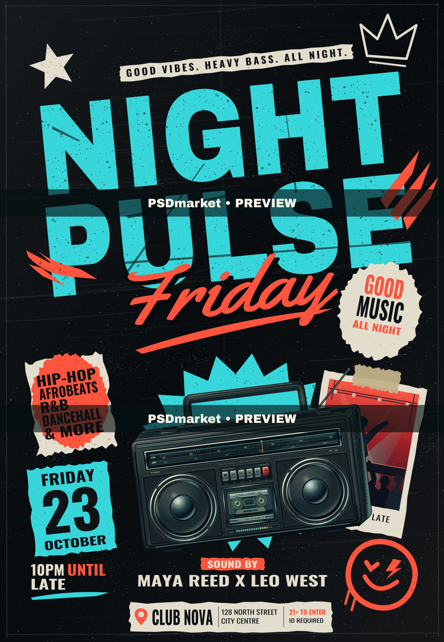 Night Pulse Friday Party Flyer PSD + SVG Vector Template — PSD template preview