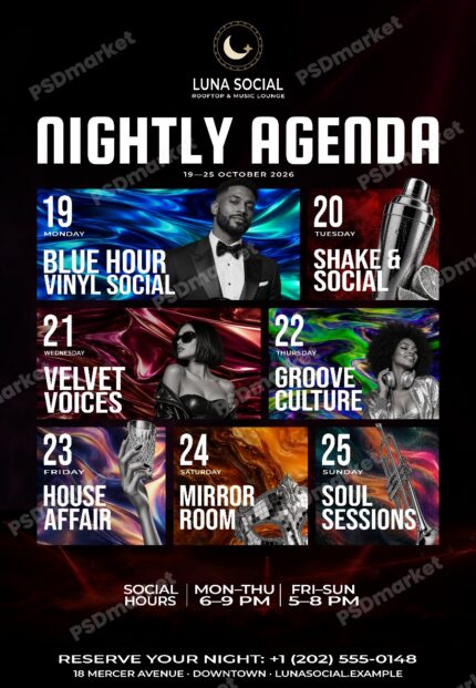 Nightly Agenda weekly nightclub flyer with seven colorful event cards and a PSDmarket preview watermark