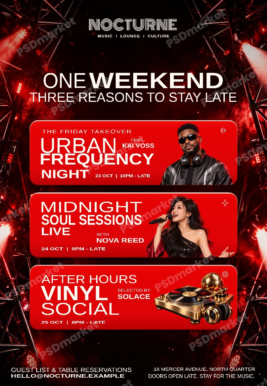 Nocturne Weekend Three Night Club Flyer PSD Template — PSD template preview