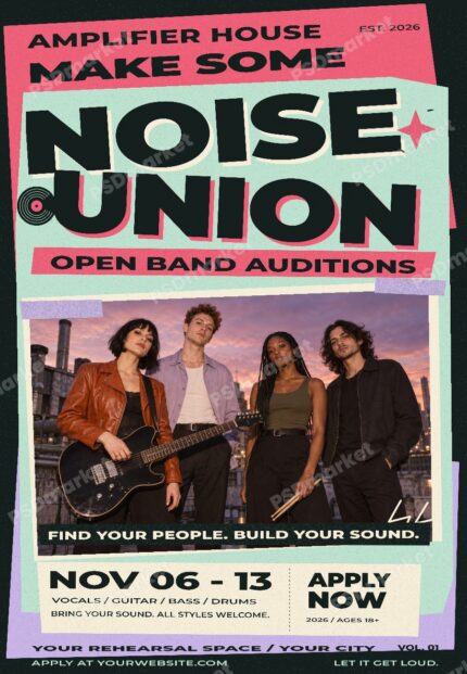 Noise Union editable flyer template, protected PSDmarket preview