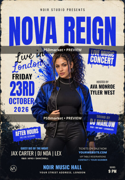 Nova Reign Live Music Concert Flyer PSD Template — PSD template preview