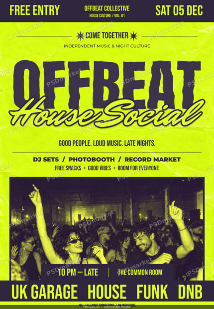 Acid-yellow Offbeat House Social flyer with irregular charcoal-violet lettering, crossing script and two-tone warehouse-party photograph.
