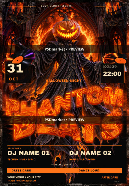 Phantom Beats Inferno Halloween flyer with a pumpkin phantom, fiery Gothic portal, vinyl records and molten orange headline