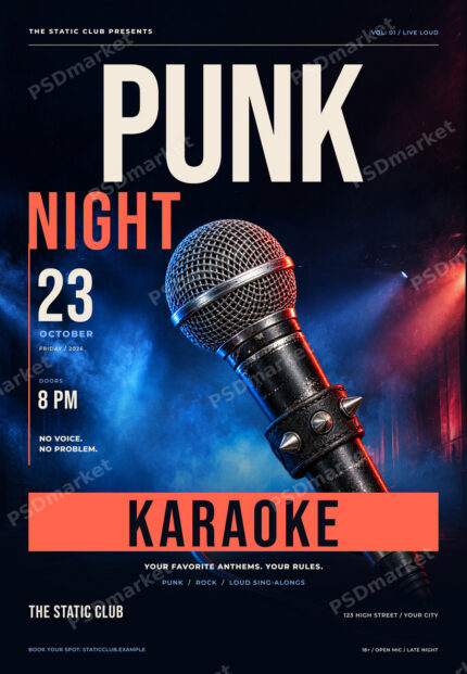 Punk Night Karaoke editable Photoshop flyer template with PSDmarket watermark