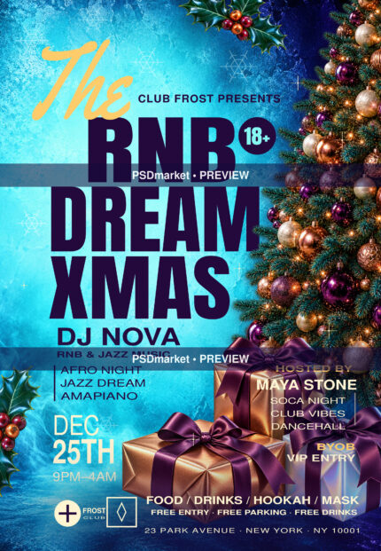 RNB Dream Xmas Glacier flyer with giant indigo typography, cyan winter background, a teal Christmas tree and copper gifts. Watermarked PSDmarket preview.