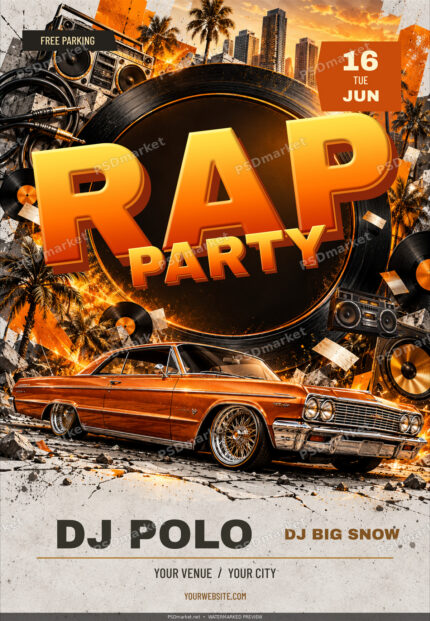 Rap Party V2 hip-hop flyer with golden RAP PARTY lettering, vinyl record, lowrider and boombox, protected PSDmarket preview