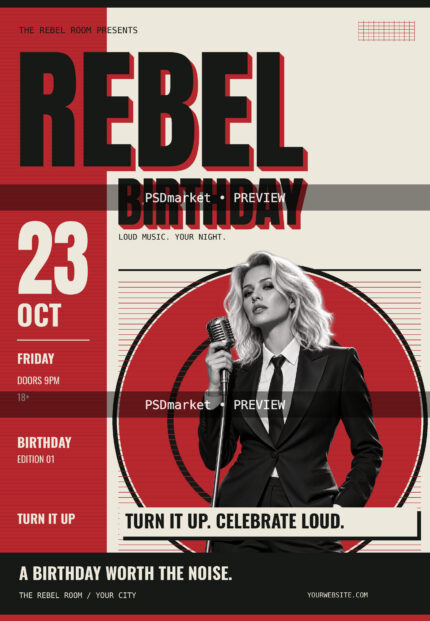 Massive black lettering with red depth, a full-height date rail and concentric circular graphics frame a monochrome singer portrait. The split red and cream layout creates a confident music-led birthday campaign with a clear event hierarchy.