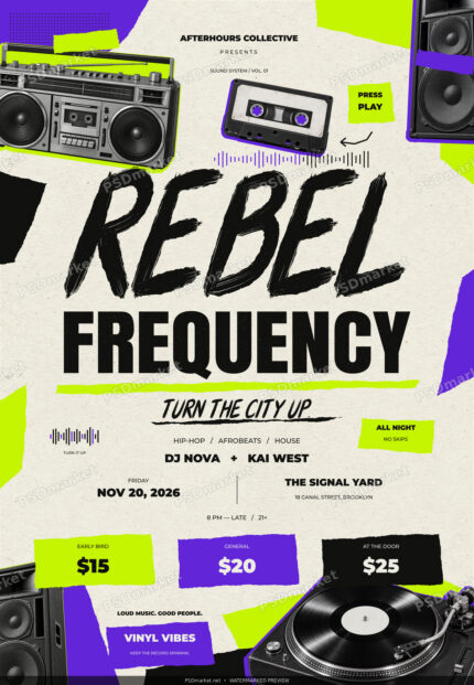 Rebel Frequency party flyer with black brush lettering, boombox, turntable, cassette, red music stickers and waveforms on torn cream paper.