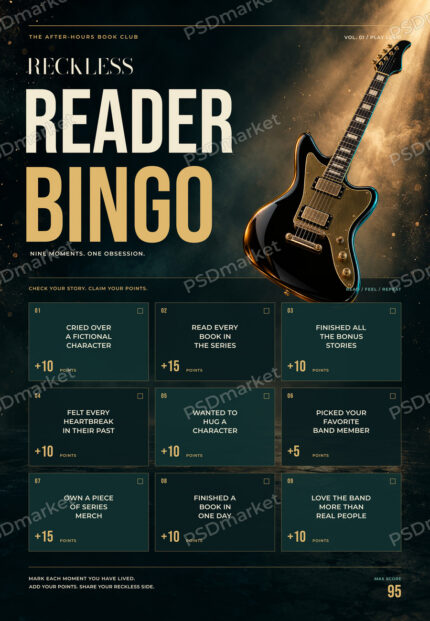 Reckless Reader Bingo Book Club Flyer PSD Template with repeated PSDmarket preview watermark