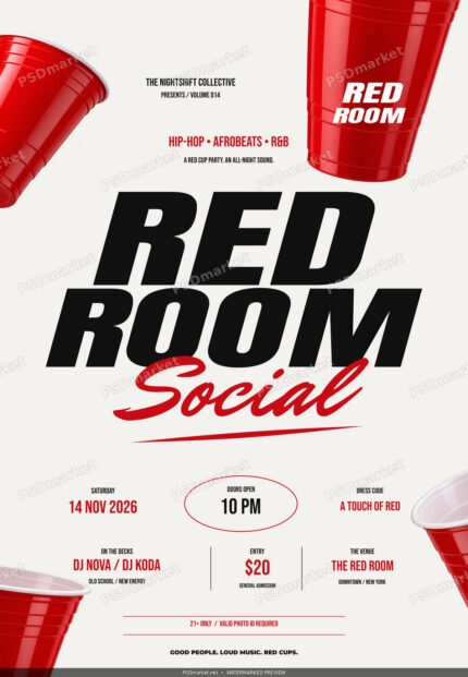 Red Room Social party flyer with bold black headline, red script and crisp floating red cups