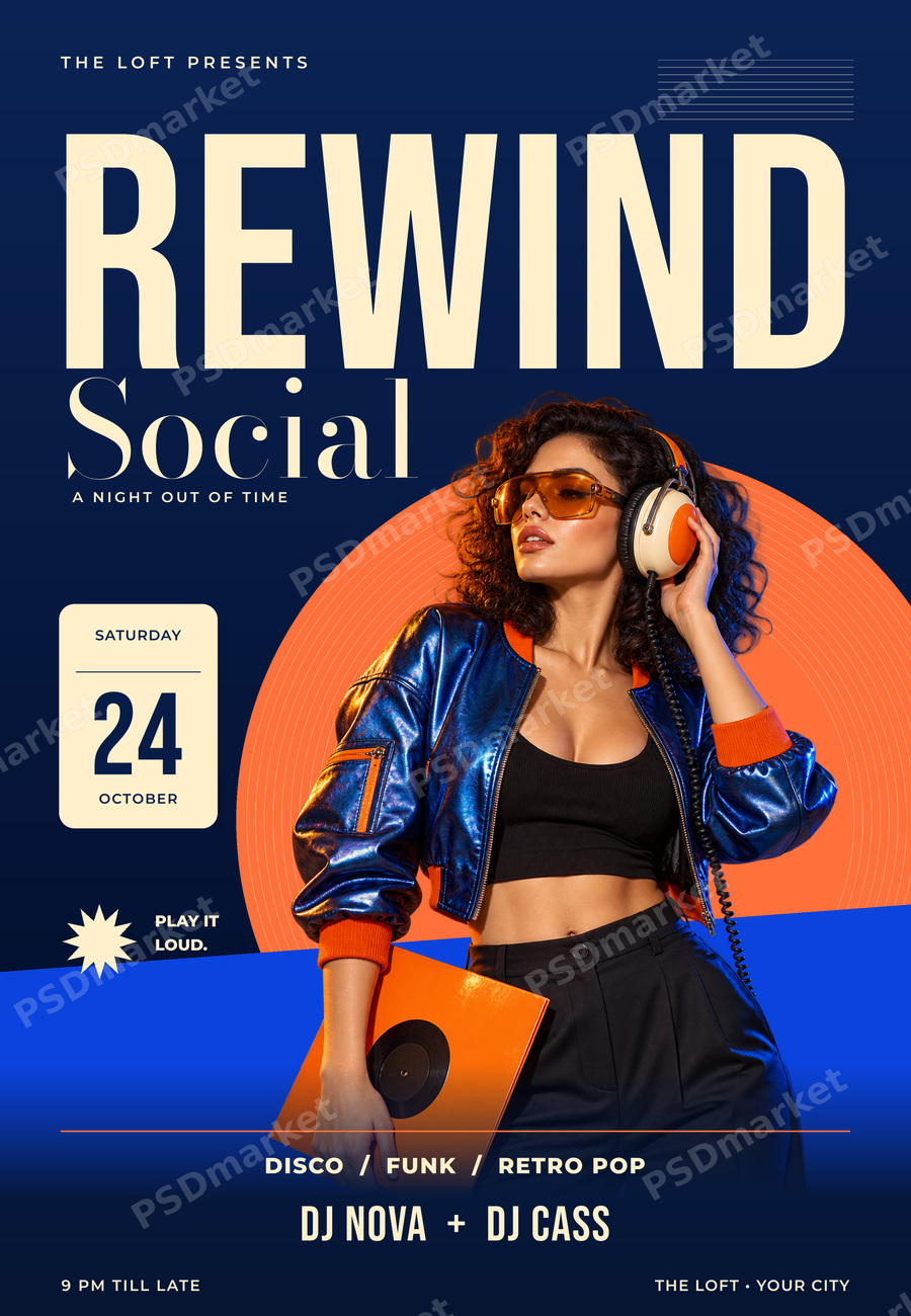Rewind Social Headphone Party Flyer PSD Template — PSD template preview