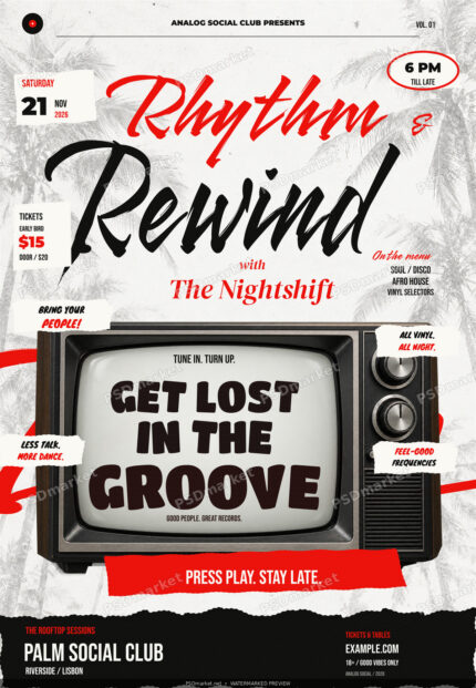 Watermarked Rhythm & Rewind retro party flyer with red and black brush lettering, pale palm background, vintage CRT television and torn-paper stickers.