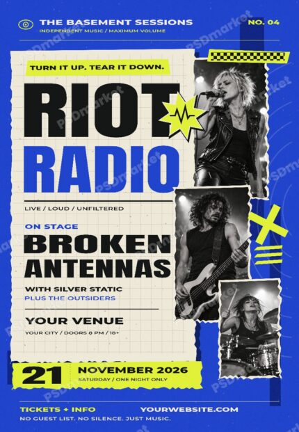 Riot Radio Cobalt Rock Concert Collage Flyer PSD Template with PSDmarket watermark