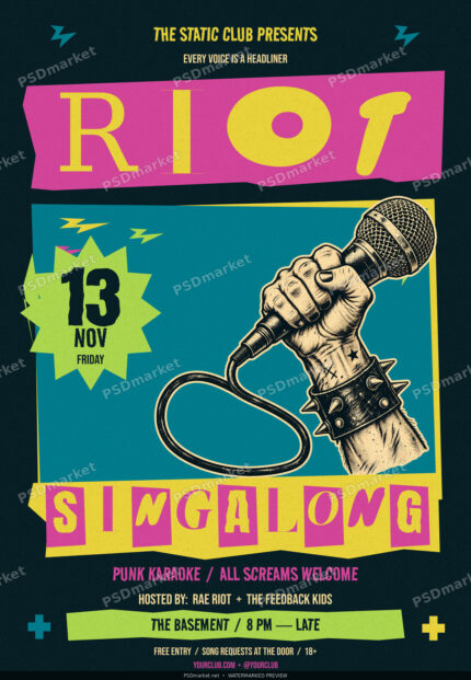 Riot Singalong punk karaoke flyer with editable ransom-note lettering, a raised fist holding a microphone, teal background and yellow date burst.