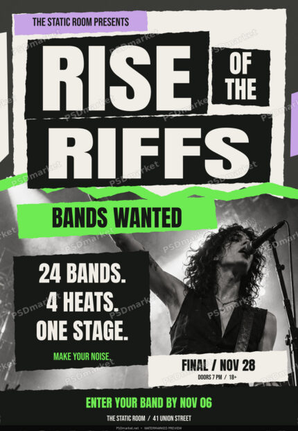 Rise of the Riffs rock band competition flyer with torn-paper typography, concert photo and acid-green accents