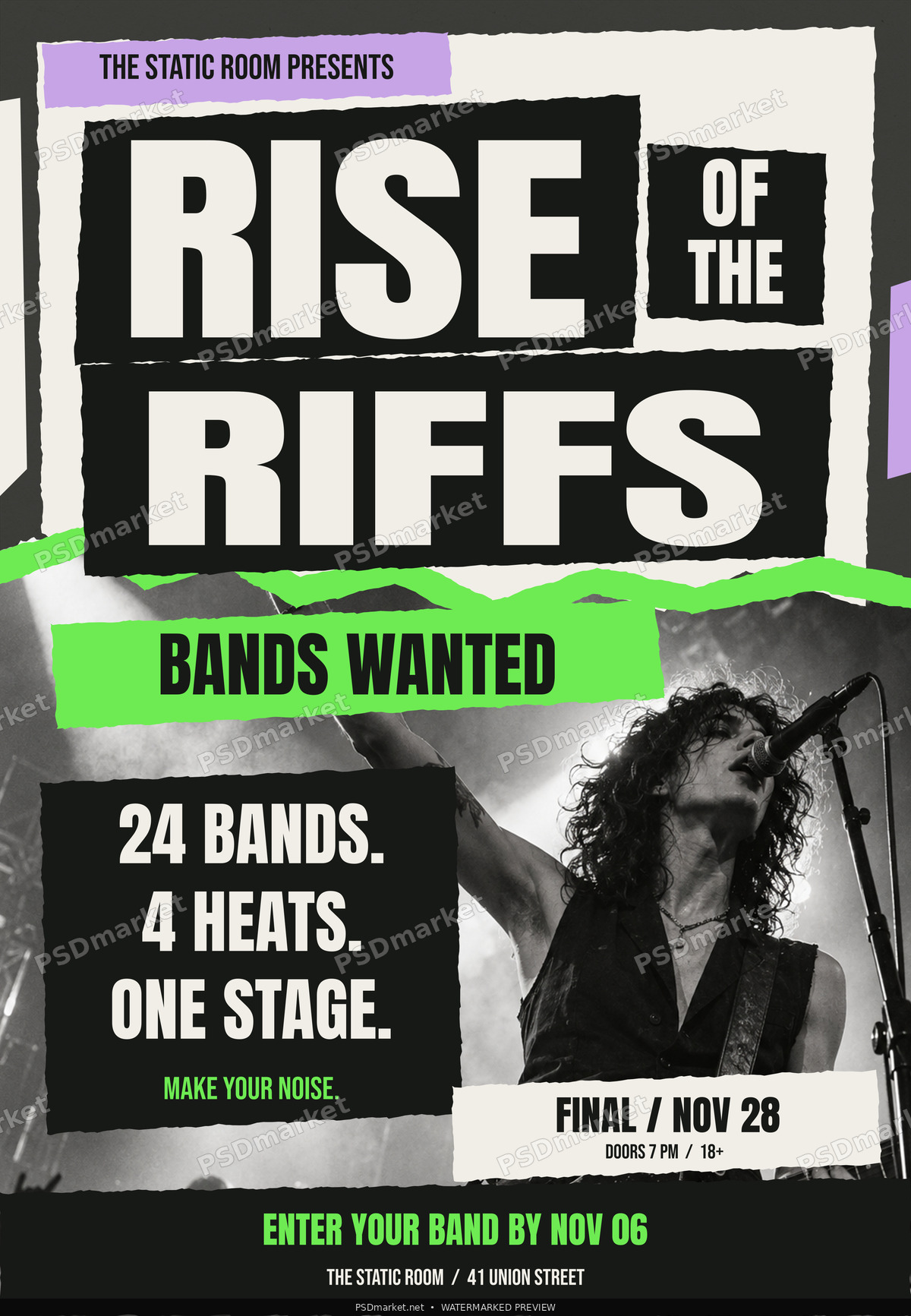 Rise of the Riffs rock band competition flyer with torn-paper typography, concert photo and acid-green accents