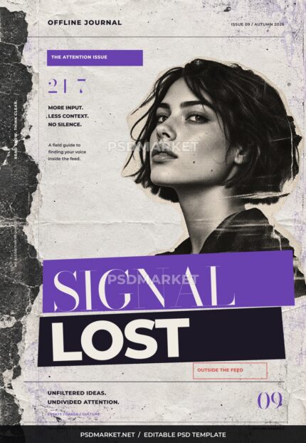Signal Lost Zine editable Photoshop flyer template with PSDmarket preview watermark