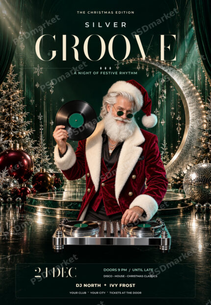 Silver Groove Christmas Disco Party Flyer PSD Template with PSDmarket preview watermark