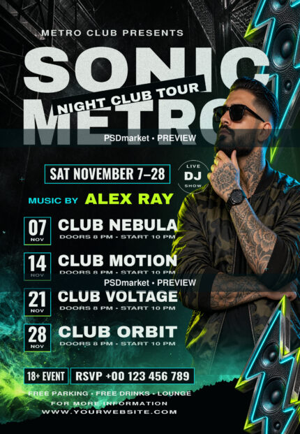 Sonic Metro nightclub tour flyer with silver headline, DJ portrait and cyan-lime neon speaker details; protected PSDmarket preview