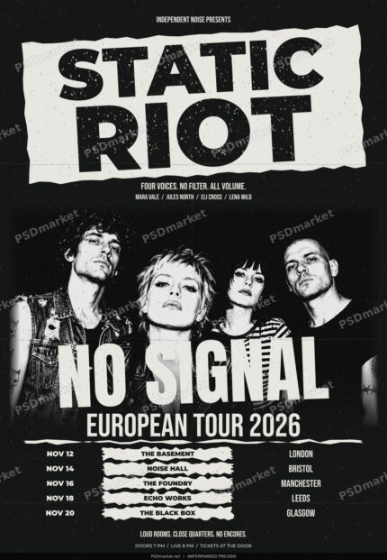 Static Riot No Signal black-and-white punk band tour flyer with torn-paper headlines and distressed photocopy texture