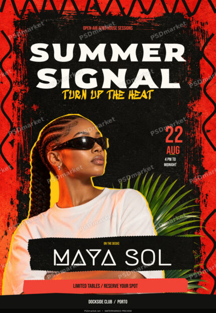 Summer Signal Afro house DJ flyer with flared white lettering, yellow performer cutout, tropical palms and distressed red and black collage. Watermarked PSDmarket preview.