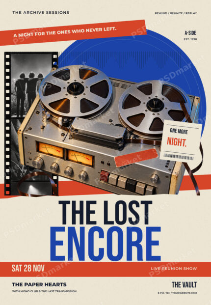 The Lost Encore Retro Reunion Concert Flyer PSD Template with repeated PSDmarket preview watermark