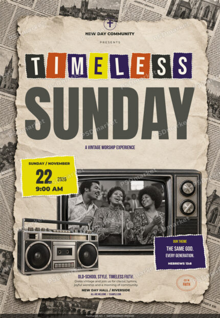 Watermarked Timeless Sunday vintage worship church flyer with torn-paper lettering, ivory newsprint, a retro television and cassette radio.