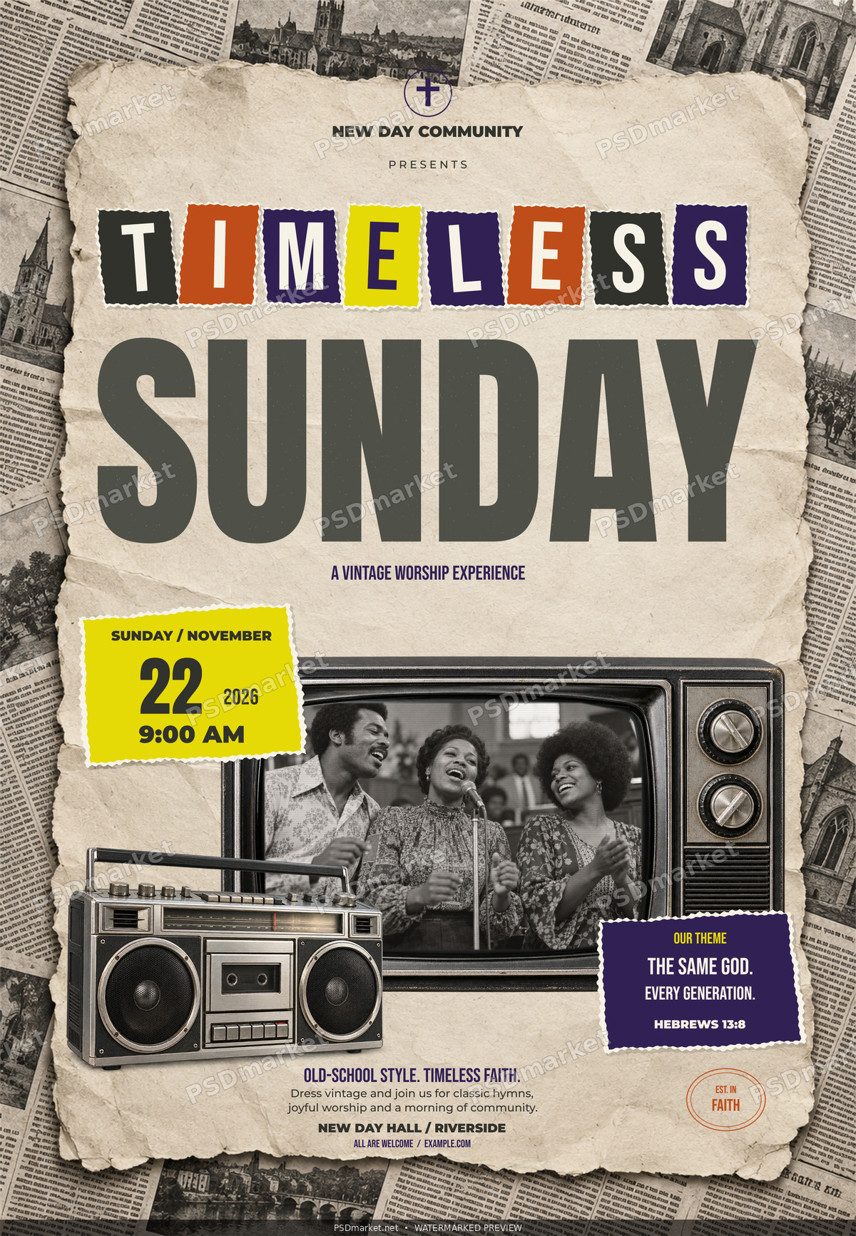 Watermarked Timeless Sunday vintage worship church flyer with torn-paper lettering, ivory newsprint, a retro television and cassette radio.