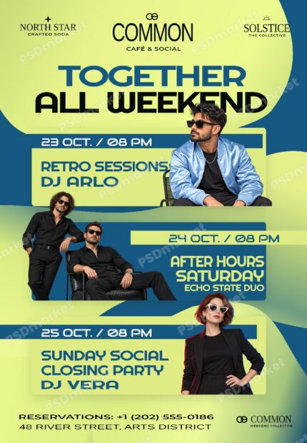 Lime green and blue three-night weekend flyer with DJ portraits and a PSDmarket preview watermark